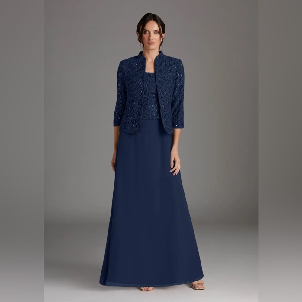 AZAZIE CORNELIA DEEP NAVY SEQUIN SQUARE NECK CHIFFON JACKET & DRESS SIZE 14